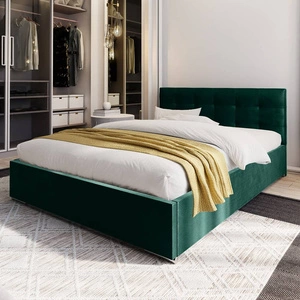 Montigo Polsterbett 160x200 flaschengrün mit Staukasten im modernen skandinavischen Stil mit gestepptem Kopfteil