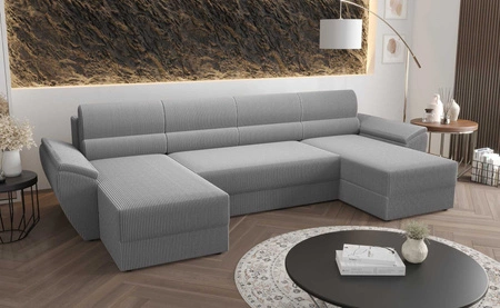 Ecksofa mit Schlaffunktion Fogu U II grau Esche bequemes Ecksofa mit bequemen Armlehnen interessanter Designcontainer für Bettzeug