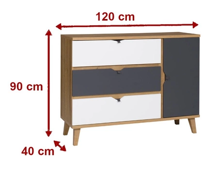 Kommode Memone 120 cm goldene Eiche / weiß / graphit ideale Kommode für ein Jugend- oder Kinderzimmer im skandinavischen Stil