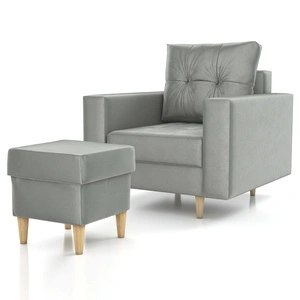 Sessel mit Fußstütze Vaso hellgrau bequemer Sessel für Wohnzimmer im skandinavischen Stil weicher Sitz hohe Holzbeine