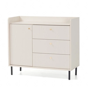 Kommode Ferdi 104 cm sandbeige Ästhetische Kommode für das Wohnzimmer auf schlanken Metallbeinen hohe Kanten der Platte gesetzt