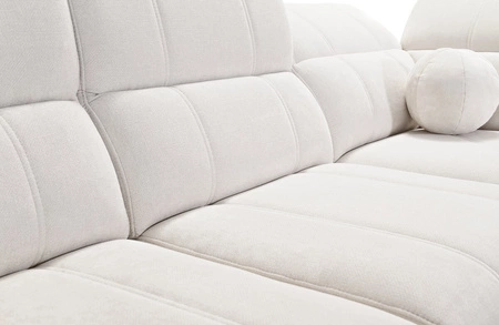 Ecksofa mit Schlaffunktion Penejos IX beige rechte Seite stilvolles Ecksofa mit Bettzeugcontainern komfortable verstellbare Kopfstützen