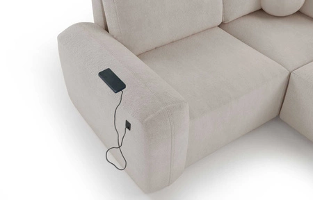 Ecksofa mit Schlaffunktion Arbon II cremefarbenes Sofa links Stilvolles Design markante runde Form Behälter für Bettzeug