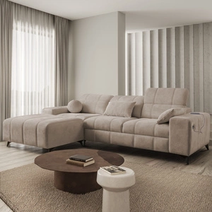 Ecksofa mit Schlaffunktion Penejos dunkelbeige links elegantes Ecksofa mit Bettzeugablage verstellbare Kopfstützen