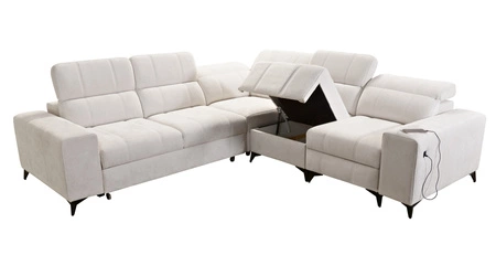 Ecksofa mit Schlaffunktion Penejos III Lux grün rechts bequemes Ecksofa für Wohnzimmer mit ausziehbarem Fußteil Bettwäschecontainer