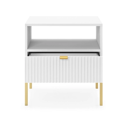 Lovro Nachttisch mit Schublade weiß geschmackvoll geriffelt Dekor ideal Schlafzimmer Schrank Gold Metall Zubehör