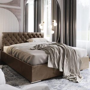 Polsterbett Bauru 160x200 hellbraun mit Staukasten im modernen skandinavischen Stil mit gestepptem Kopfteil mit Kristallen