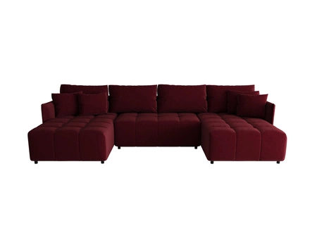 Ecksofa mit Schlaffunktion Oroso U burgunderfarbener Bettkasten weicher Samtstoff mit hydrophober Beschichtung dekorative Steppung