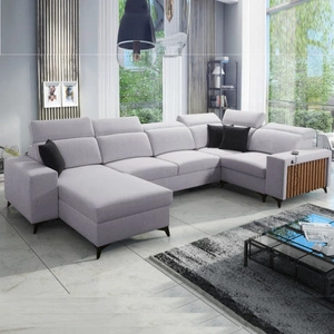 Kelly IV Ecksofa mit Schlaffunktion graue Esche links geflochten bequemes Ecksofa verstellbare Kopfstützen seitlich mit Latten verkleidet