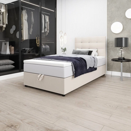 Boxspringbett Kingston 90x200 beige Bett im modernen skandinavischen Stil mit gepolstertem Kopfteil mit Kristallen Bett mit Staukasten