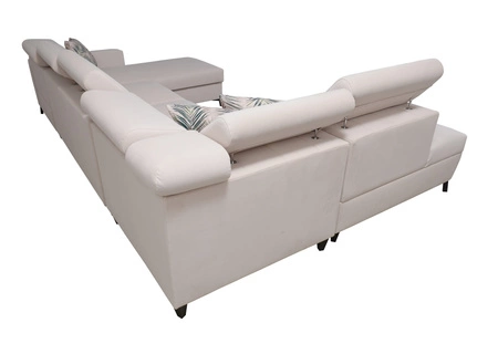 Ecksofa mit Schlaffunktion Savona VI blau / weiß rechts elegantes und bequemes Ecksofa für das Wohnzimmer zwei Container für Bettzeug