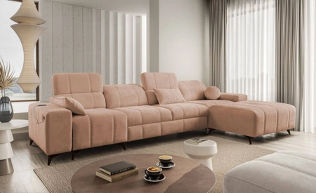 Ecksofa mit Schlaffunktion Penejos XII lachsfarbe rechts stilvolles Ecksofa mit Bettzeugcontainern komfortable verstellbare Kopfstützen
