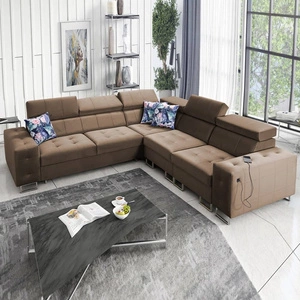 Ecksofa mit Schlaffunktion Hampton III hellbraunes rechtsseitiges bequemes Ecksofa aus glattem und weichem Samtstoff