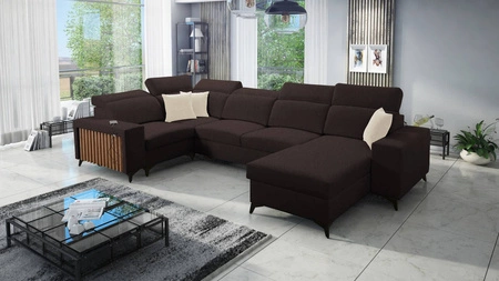 Ecksofa mit Schlaffunktion Kelly IV braun rechts geflochten bequemes Ecksofa verstellbare Kopfstützen seitlich mit Latten verkleidet