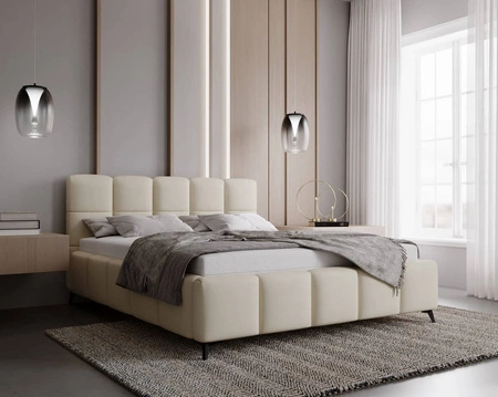 Polsterbett Olne 140x200 beige stilvolles Bett mit Bettzeugablage komfortables Kopfteil besticht durch sein elegantes Design