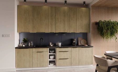 Küchenmöbel Set Cremona 300 cm elegante Küchenschränke mit Metallkantengriffen Schrank mit Ladekorb