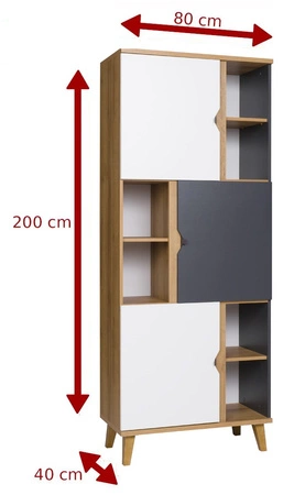 Bücherregal mit Türen Memone 80 cm goldene Eiche / weiß / graphit ideales Bücherregal für Jugend- oder Kinderzimmer im skandinavischen Stil
