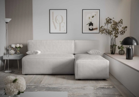 Ecksofa mit Schlaffunktion Brandon Elfenbein rechte Ecke dreidimensional gestreifter Stoff mit ausdrucksstarkem Streifen-Bettwäsche-Container