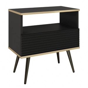 Nachttisch mit Schublade Luxury schwarzer eleganter Designschrank mit Goldverzierung Schrank mit geriffelter Front schwarze hohe Beine