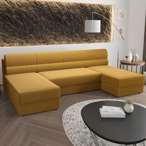 Ecksofa mit Schlaffunktion Fogu U Honig-Gelb komfortables und stilvolles Ecksofa mit einfachem Design Cordstoff Bettzeug Container