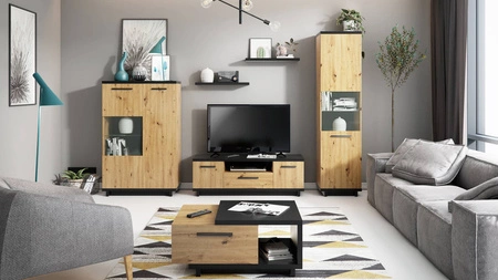 Möbelset Simi Eiche artisan / schwarz klassische Möbelform aus hochwertiger Schichtstoffplatte ideale Wohnwand für das Wohnzimmer