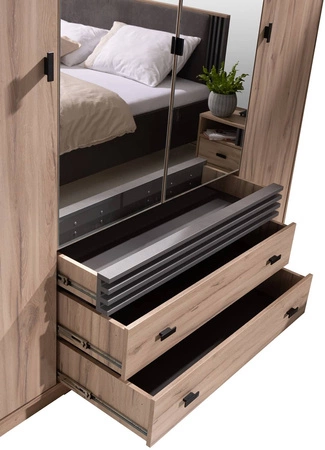 Kleiderschrank mit Spiegel Estan 200 cm Eiche hell/anthrazit modernes Möbeldesign Schranktür mit Lamellen verziert