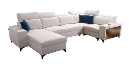 Ecksofa mit Schlaffunktion Kelly IV arctic blue links geflochtenes bequemes Ecksofa verstellbare Kopfstützen seitlich mit Latten verkleidet