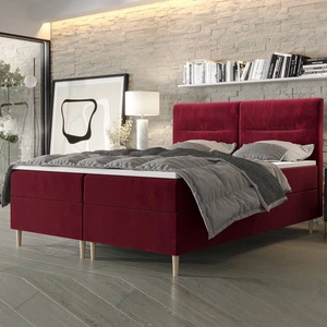 Boxspringbett Voltera 160x200 Dunkelrot moderner skandinavischer Stil mit charakteristischem Kopfteil
