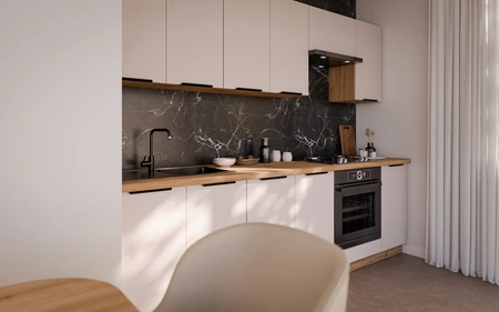 Küchenmöbelset Soela 260 cm elegante Küchenschränke in dezenten und natürlichen Farben Griffe mit Metallkante