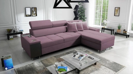 Ecksofa mit Schlaffunktion Dafni Flieder rechtsseitig aus Samt bietet Komfort und Funktionalität während der täglichen Erholung