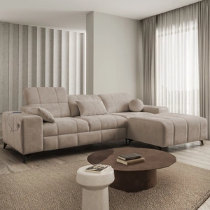 Ecksofa mit Schlaffunktion Penejos dunkelbeige rechts elegantes Ecksofa mit Bettzeugablage verstellbare Kopfstützen