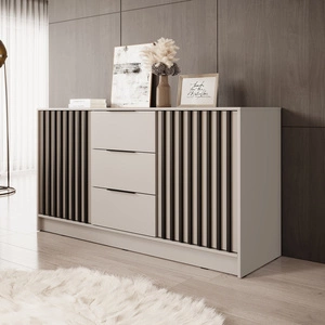 Kommode mit Schubladen Aspen 155 cm Beige / Schwarze Lamellen modernes Design Schranktüren der Kommode mit dekorativen Lamellen