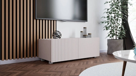 RTV Schrank Colder 100 cm beige mit der Möglichkeit der Aussetzung stilvolle geriffelte Front elegante Form der Möbel in einem modernen Stil