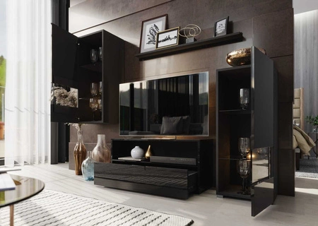 Die universelle und stilvolle Wohnwand Olimpia schwarz/schwarz glänzend - schlichte Teile, die sich in jedes Interieur einfügen