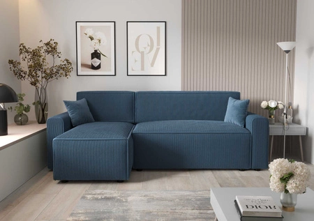 Ecksofa mit Schlaffunktion Brandon Bis blau links dreidimensionaler Stoff mit ausdrucksstarken Streifen Bettzeug Container