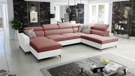 Ecksofa mit Schlaffunktion Savona VI Indisch rosa / weiß links bequemes Ecksofa für Wohnzimmer zwei Container für Bettzeug 