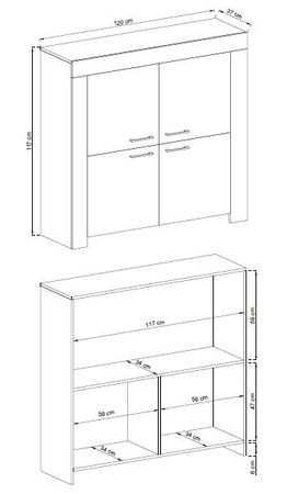 Hochkommode Neba 120 cm Eiche riviera modernes Möbeldesign Kante mit speziellem ABS-Furnier veredelt