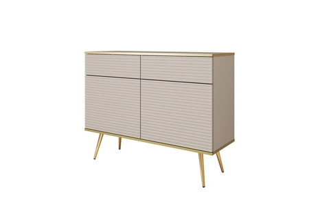 Kommode Luxury 107 cm beige stilvolle Kommode mit kannelierten Fronten Korpus mit goldener Zierleiste goldene Metallbeine gekrönt