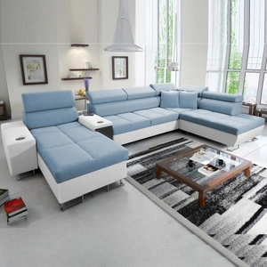 Ecksofa mit Schlaffunktion Dafni V blau weiß links Samt komfortables und bequemes Ecksofa mit verstellbaren Kopfstützen