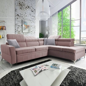 Ecksofa mit Schlaffunktion Rava III lavendelrosa Rechtshänder-Ecksofa aus Samt mit verstellbaren Kopfstützen und Bettzeugcontainer