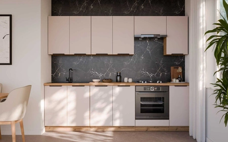 Küchenmöbelset Soela 260 cm elegante Küchenschränke in dezenten und natürlichen Farben Griffe mit Metallkante