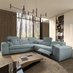 Ecksofa mit Schlaffunktion Viano III Lux grau blau rechts modernes Ecksofa mit ausziehbarem Fußteil Bettzeugcontainer