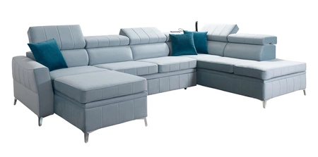 Ecksofa mit Schlaffunktion Rava VI azurblau links praktisches und modernes Ecksofa mit einer Multifunktionslampe ausgestattet