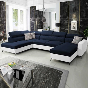 Ecksofa mit Schlaffunktion Savona VI marineblau / weiß rechts elegantes und bequemes Ecksofa für das Wohnzimmer zwei Container für Bettzeug