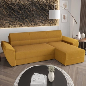 Ecksofa mit Schlaffunktion Fogu II Honig Gelb right stilvolles Ecksofa mit bequemen Armlehnen und einem Bettkasten