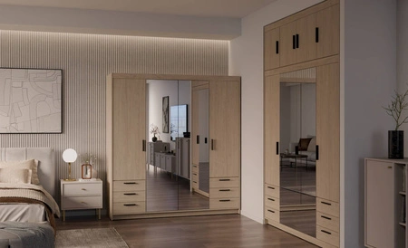 Kleiderschrank Rene 176 cm Eiche geölt stilvolles Design ABS Kante Kleiderschrank mit Spiegel für Schlafzimmer oder Garderobe Zimmer geräumige Schubladen