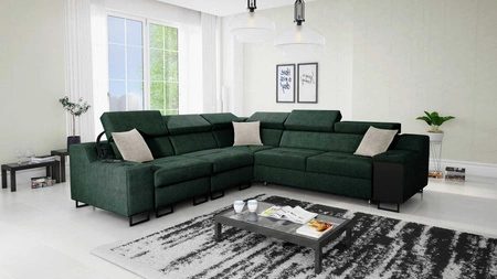 Ecksofa mit Schlaffunktion Alcamo III grün links Funktions-Ecksofa mit Schublade in der Seite zwei Behälter für Bettzeug