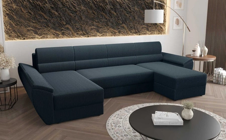 Ecksofa mit Schlaffunktion Fogu U III blau stilvolles Ecksofa mit Armlehnen und Bettzeugablage Kordelstoff