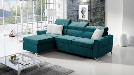 Ecksofa mit Schlaffunktion Rava azurblauer linker Samt komfortables und funktionelles Ecksofa mit verstellbaren Kopfstützen