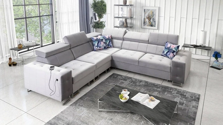 Ecksofa mit Schlaffunktion Hampton III grau Esche links bequemes Ecksofa aus glattem und weichem Samtstoff